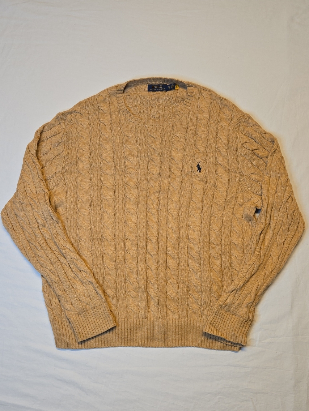 Polo Ralph Lauren Tan Crewneck Cable Knit Cotton Pullover Sweater